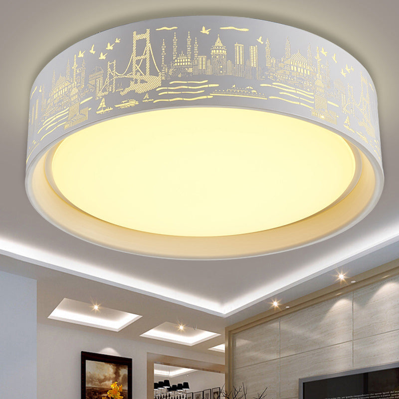 16.5’/20.5’ Modern White Carved Metal Drum Flush Lamp With Metropolis Scene - Led Ceiling Light