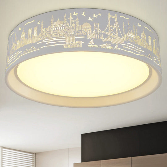 16.5’/20.5’ Modern White Carved Metal Drum Flush Lamp With Metropolis Scene - Led Ceiling Light
