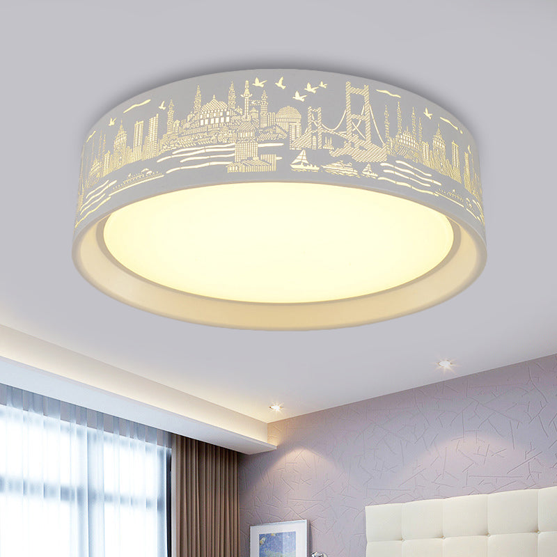 16.5/20.5 Modern White Carved Metal Drum Flush Lamp With Metropolis Scene - Led Ceiling Light