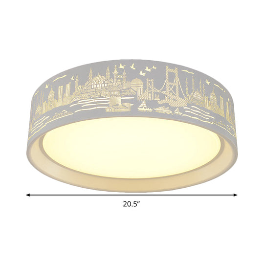 16.5’/20.5’ Modern White Carved Metal Drum Flush Lamp With Metropolis Scene - Led Ceiling Light