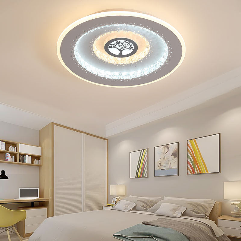 Modern White Round Crystal Led Ceiling Light With Tree Pattern - Flushmount Lighting In White/Warm