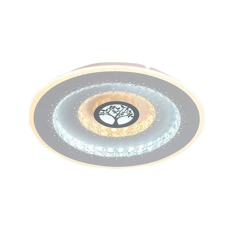 Modern White Round Crystal Led Ceiling Light With Tree Pattern - Flushmount Lighting In White/Warm