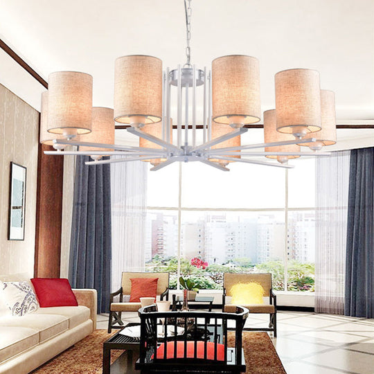 Modern Metal Sputnik Chandelier With White Finish And Cylinder Fabric Shade - 6/8 Heads Hanging