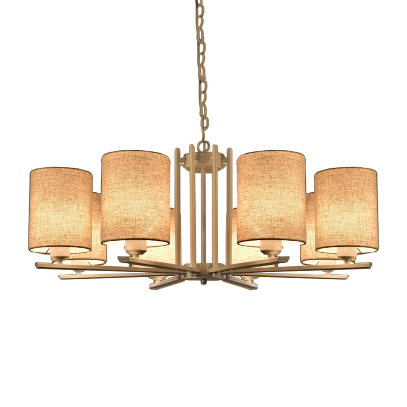 Modern Metal Sputnik Chandelier With White Finish And Cylinder Fabric Shade - 6/8 Heads Hanging