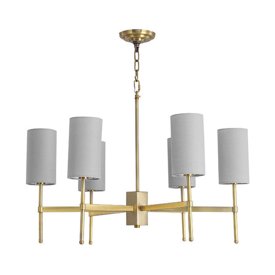 Modern Fabric Cylinder Suspension Light - 6 Heads Chandelier In Grey/White For Living Room