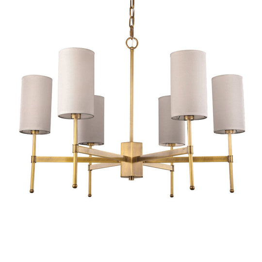 Modern Fabric Cylinder Suspension Light - 6 Heads Chandelier In Grey/White For Living Room