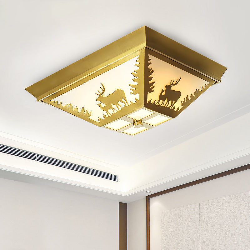 Trapezoid Brass Flush Mount Vintage Metal Ceiling Lamp With 4 Bulbs Ideal For Living Room Lighting