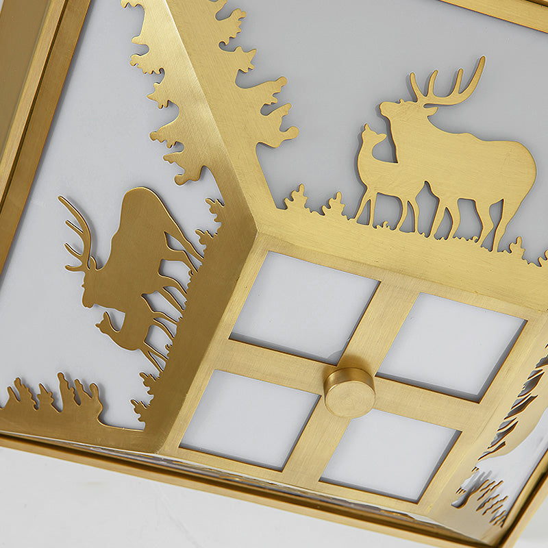 Trapezoid Brass Flush Mount Vintage Metal Ceiling Lamp With 4 Bulbs – Ideal For Living Room Lighting