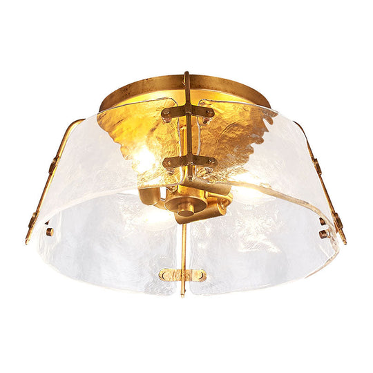Traditional Brass Flush Mount Lamp With 3 Water Glass Shade – Living Room Ceiling Light Fixture