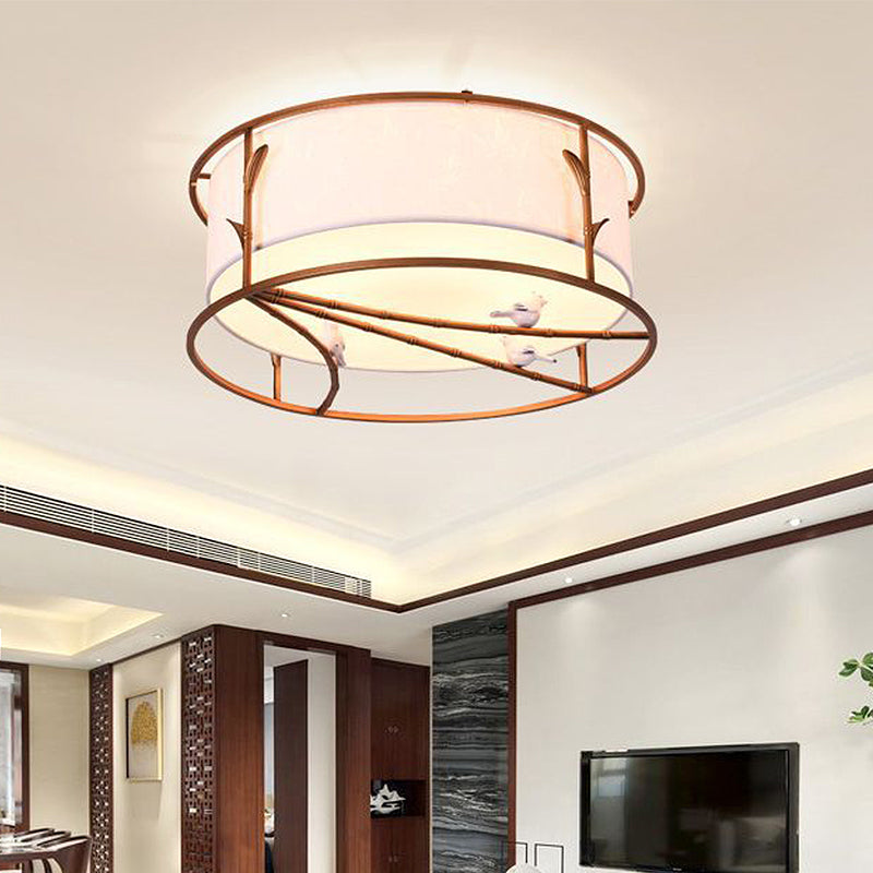 Traditional Brown Drum Ceiling Flush Lighting - Fabric Shade Multiple Sizes Heads Bedroom Mount Lamp