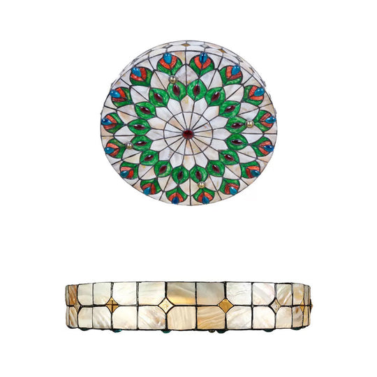 Tiffany Peacock Pattern Drum Flushmount Ceiling Lights 4-Light Bedroom Lighting With Art Glass