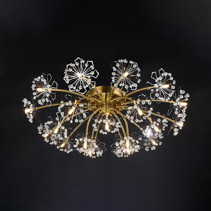 Postmodern Crystal Beaded 21 - Light Gold Dandelion Semi Flush Mount For Dining Room Ceiling