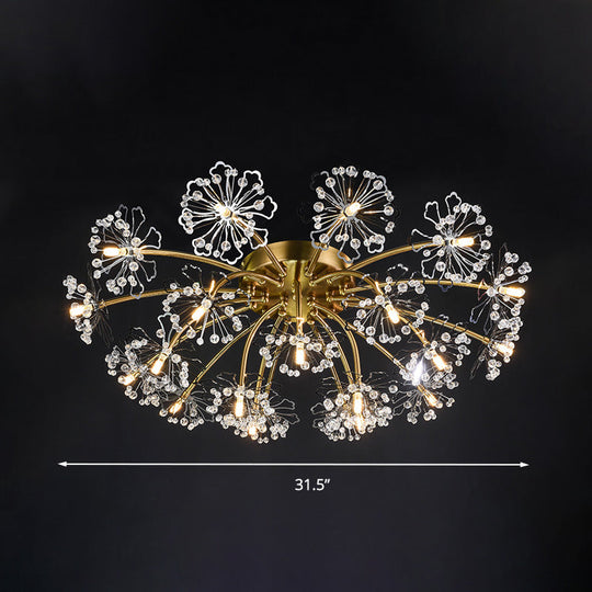 Postmodern Crystal Beaded 21 - Light Gold Dandelion Semi Flush Mount For Dining Room Ceiling