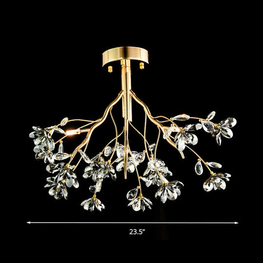 Postmodern Gold Leaf Crystal Semi Flush Mount Ceiling Lamp With 3 Branch - Style Heads