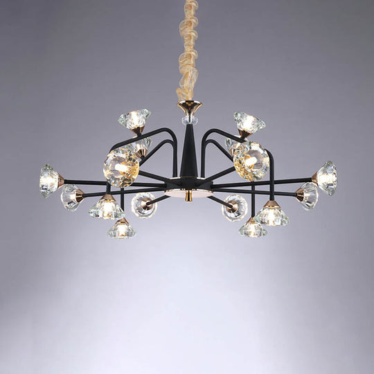 Modern Black Crystal Chandelier With 9/12 Lights - Pyramid Design Curved Arm Ceiling Hanging Light