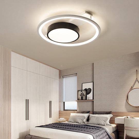 Modern Metal Drum Ceiling Light Fixture - Black And White Led Flush Mount 16’/19.5’ Wide