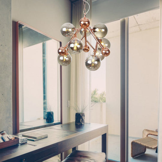 Vintage Glass Pendant Chandelier - 9 Globe Lights In Clear Amber & Smoke Gray For Indoor Lighting