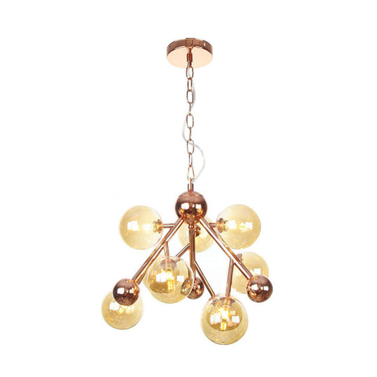 Vintage Glass Pendant Chandelier - 9 Globe Lights In Clear Amber & Smoke Gray For Indoor Lighting