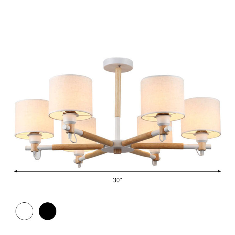 Nordic Fabric 6-Light Drum Pendant Chandelier For Bedroom - Black/White