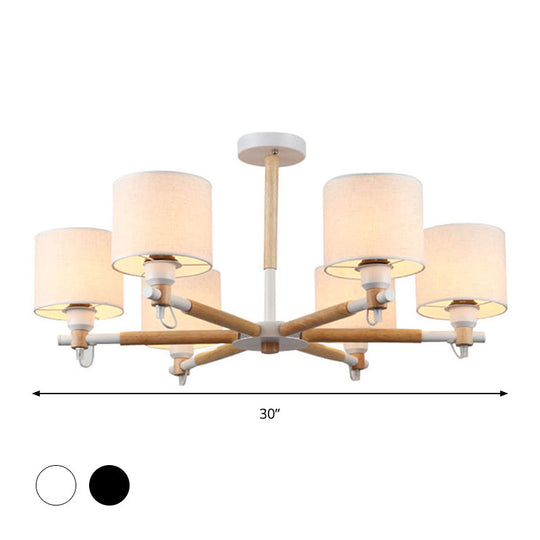 Nordic Fabric 6-Light Drum Pendant Chandelier For Bedroom - Black/White