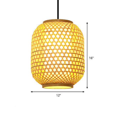 16/19.5 Asian Lantern Pendant Light In Beige - Bamboo Ceiling Fixture With 1 Perfect For Dining Room