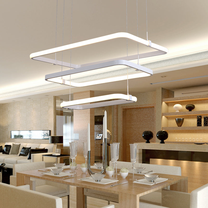 Minimalist White Led Pendant Light Kit - Rectangle Metal Hanging Chandelier With Warm/White / Warm