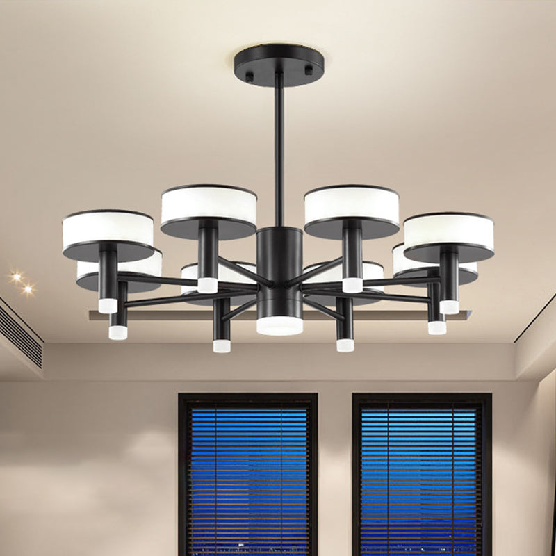 Modernist Black Led Chandelier With Drum Acrylic Shade - 6/8 Lights 3 Color Light Options For