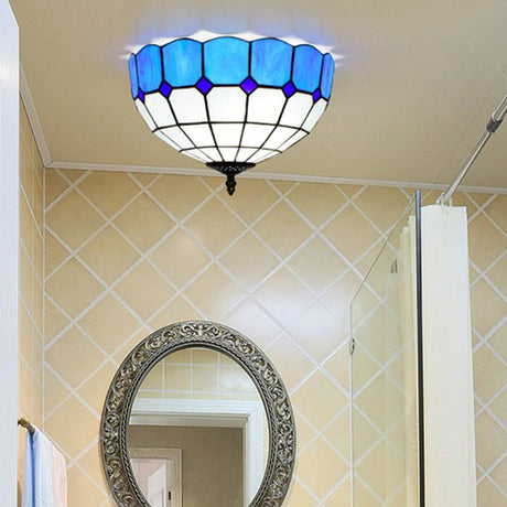 Traditional Blue/Yellow Stained Glass Shade Flush Mount Lamp - 2 Heads Ceiling Fixture For Bedroom