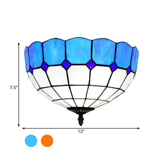 Traditional Blue/Yellow Stained Glass Shade Flush Mount Lamp - 2 Heads Ceiling Fixture For Bedroom