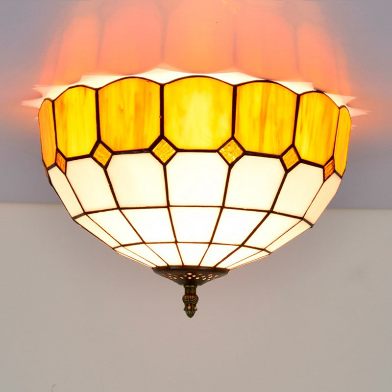 Traditional Blue/Yellow Stained Glass Shade Flush Mount Lamp - 2 Heads Ceiling Fixture For Bedroom