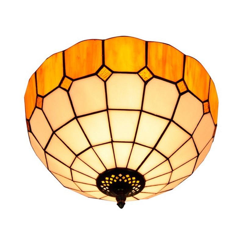 Traditional Blue/Yellow Stained Glass Shade Flush Mount Lamp - 2 Heads Ceiling Fixture For Bedroom