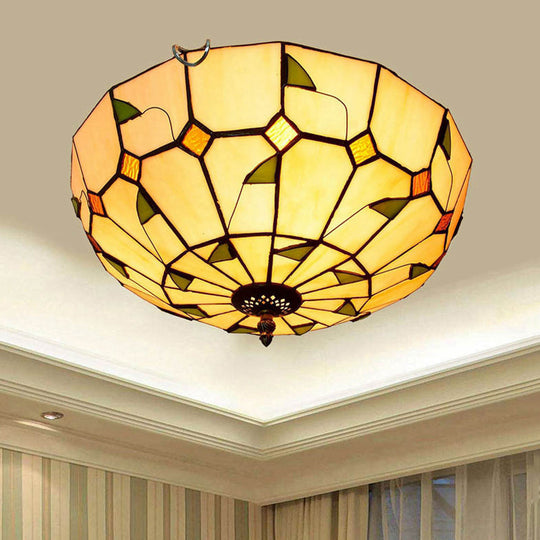 12’/16’ White Dome Tiffany Ceiling Lamp - Multicolored Stained Glass 2/3 Bulbs Flush Mount