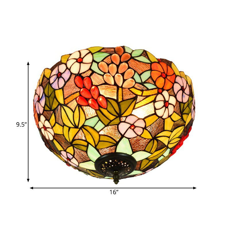 Flower Ceiling Lighting Tiffany Brass Flush Mount Light For Hallway - 2/3 Lights 12’/16’ Wide