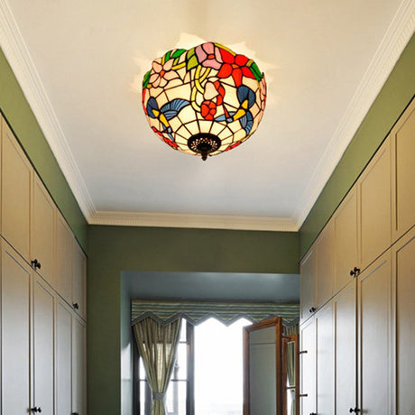 Tiffany 2-Light Stained Glass Floral Ceiling Fixture Brass Flush Mount For Bedroom / A