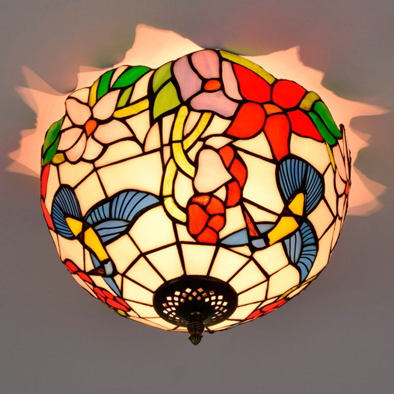 Tiffany 2-Light Stained Glass Floral Ceiling Fixture Brass Flush Mount For Bedroom