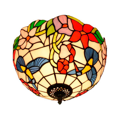 Tiffany 2-Light Stained Glass Floral Ceiling Fixture Brass Flush Mount For Bedroom