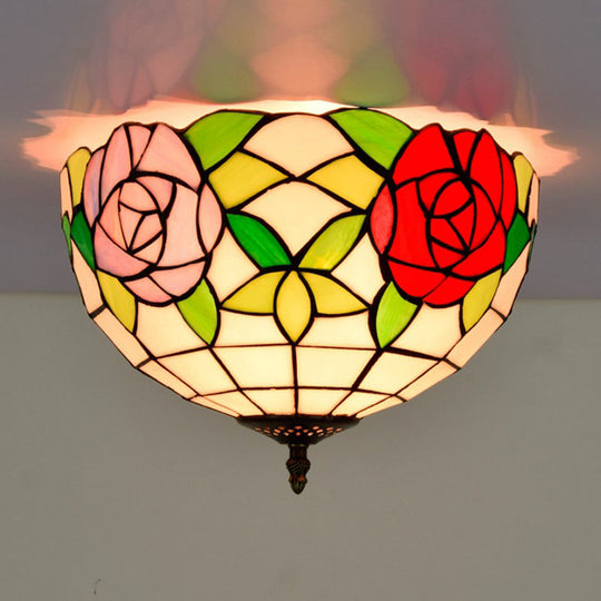 Tiffany 2-Light Stained Glass Floral Ceiling Fixture Brass Flush Mount For Bedroom