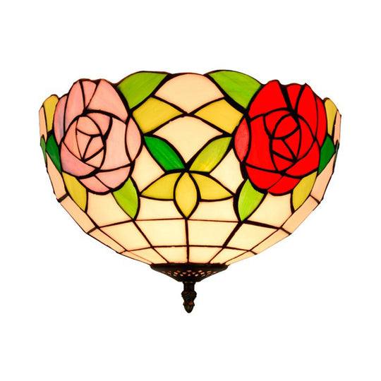 Tiffany 2-Light Stained Glass Floral Ceiling Fixture Brass Flush Mount For Bedroom