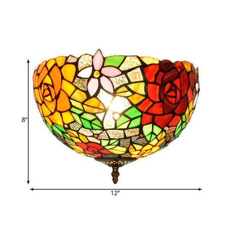 Tiffany 2-Light Stained Glass Floral Ceiling Fixture Brass Flush Mount For Bedroom
