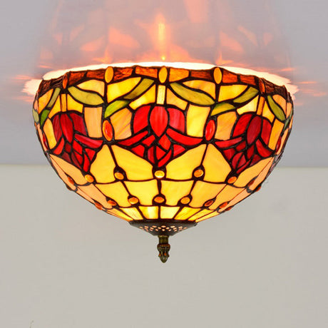 Tiffany 2-Light Stained Glass Floral Ceiling Fixture Brass Flush Mount For Bedroom / D