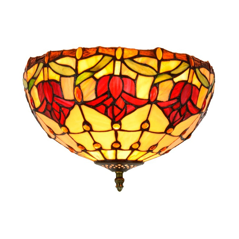 Tiffany 2-Light Stained Glass Floral Ceiling Fixture Brass Flush Mount For Bedroom