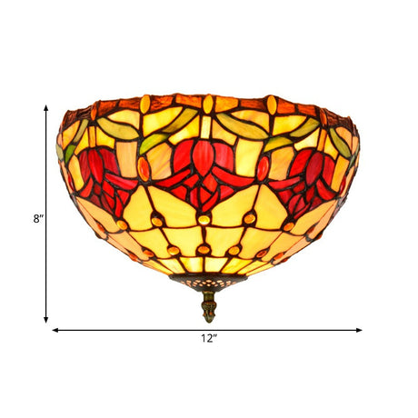 Tiffany 2-Light Stained Glass Floral Ceiling Fixture Brass Flush Mount For Bedroom