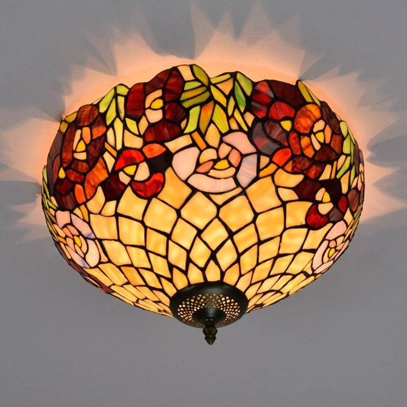 Tiffany-Style Stained Glass Ceiling Lamp In Bronze With 3 Bulb Flush Mount
