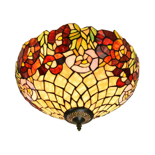 Tiffany-Style Stained Glass Ceiling Lamp In Bronze With 3 Bulb Flush Mount