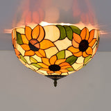 Sunflower Stained Glass Ceiling Fixture - Tiffany 2/3 Lights Yellow & Green Flushmount Lamp 12/16 W