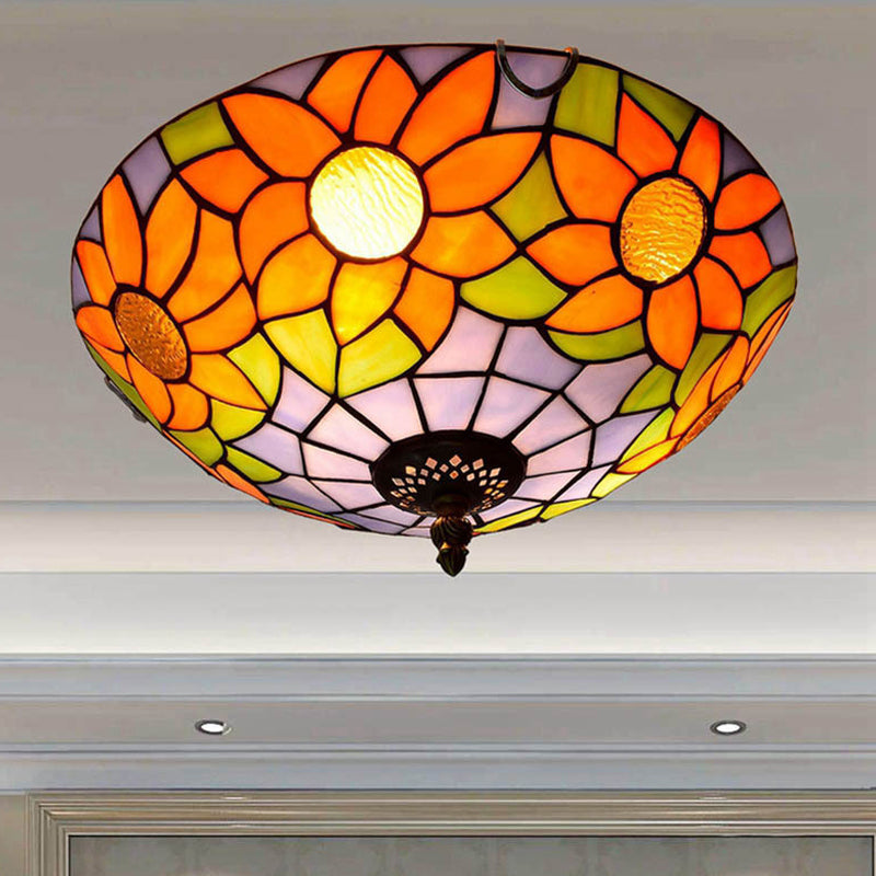 Blue/White Sunflower Tiffany Stained Glass Flush Mount Ceiling Light With 2/3 Bulbs - 12’/16’ W