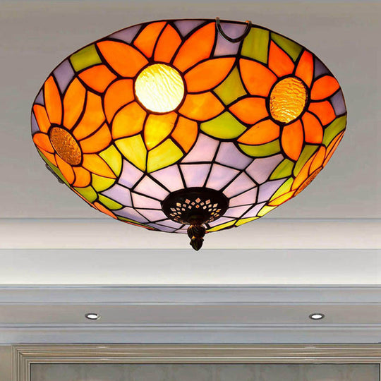 Blue/White Sunflower Tiffany Stained Glass Flush Mount Ceiling Light With 2/3 Bulbs - 12’/16’ W
