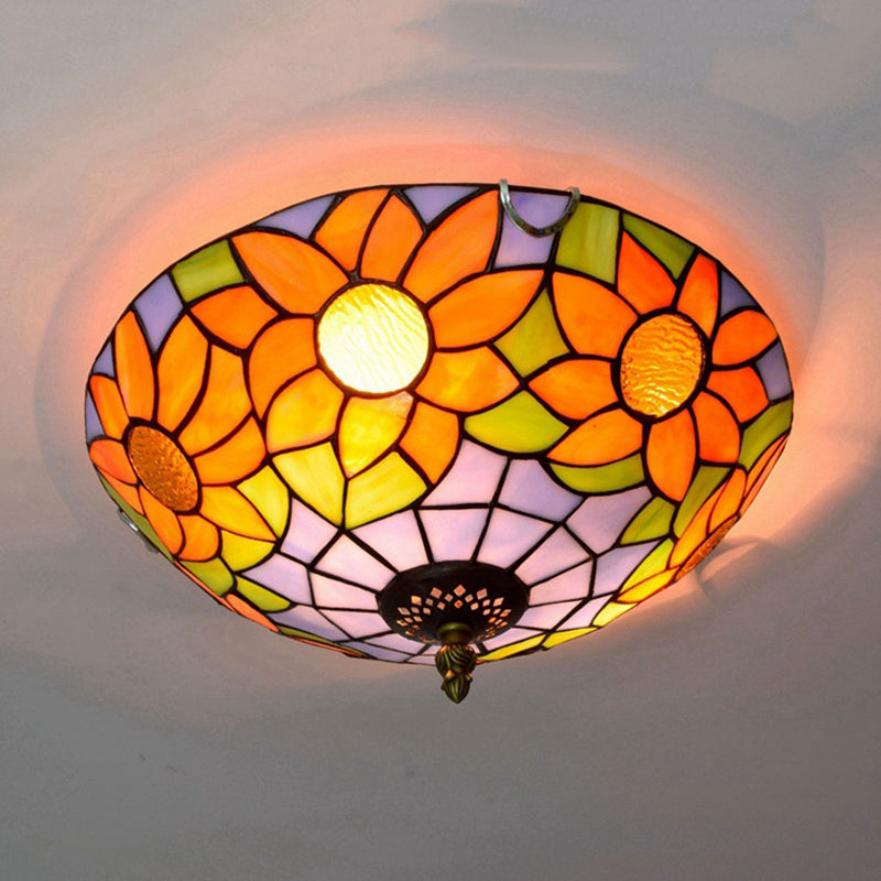 Blue/White Sunflower Tiffany Stained Glass Flush Mount Ceiling Light With 2/3 Bulbs - 12’/16’ W