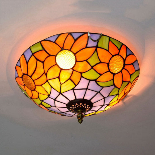 Blue/White Sunflower Tiffany Stained Glass Flush Mount Ceiling Light With 2/3 Bulbs - 12’/16’ W