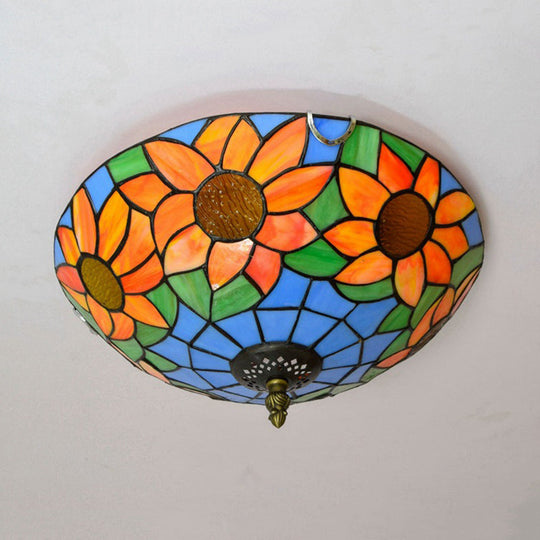 Blue/White Sunflower Tiffany Stained Glass Flush Mount Ceiling Light With 2/3 Bulbs - 12/16 W